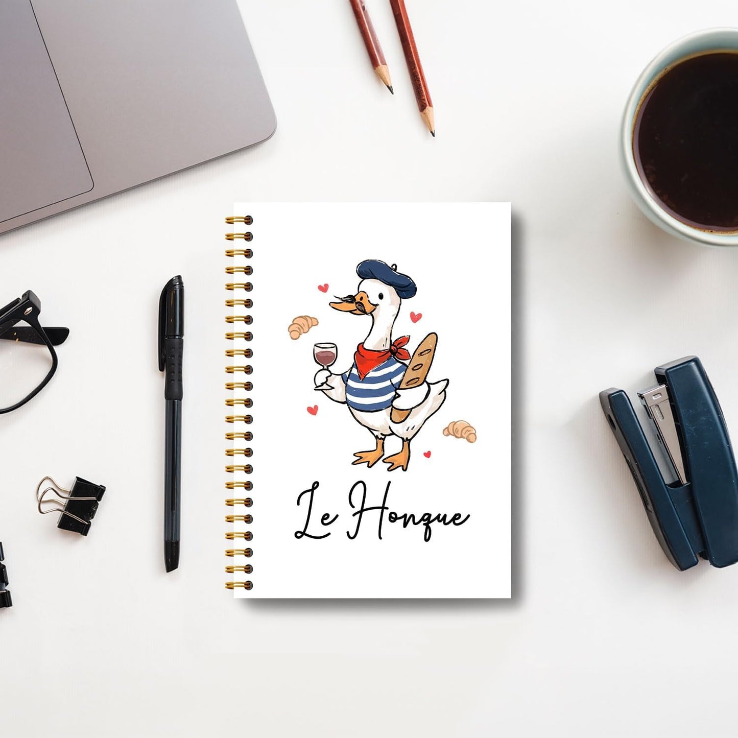 Guymn French Goose Notebook Journal, Geese Lover Gifts, French Baguette Lovers Gifts, Le Honque Funny Beret Goose Hardcover Spiral Notebook 5.5x8.3 Inch