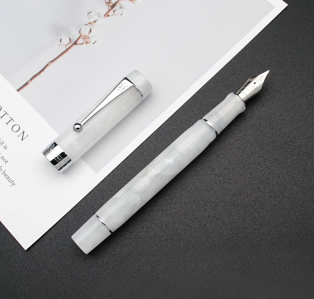 JINHAO 100 Fountain Pen with Ink Converter (Medium Nib 0.7mm, Snow White with Silver Clip)