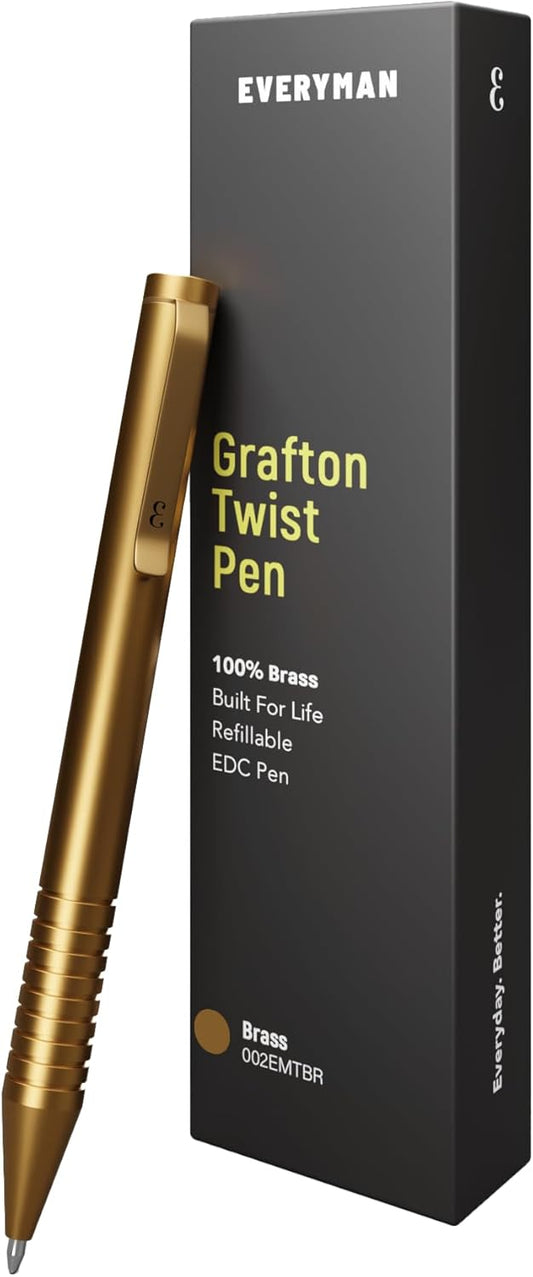 Everyman Brass Grafton Mini Twist EDC Pen with Refillable, Pocket-Size Metal Body, Luxury Mini EDC Ink Pen, Cartridge Compatible Design, Ideal Gift for Office, Business, Executive