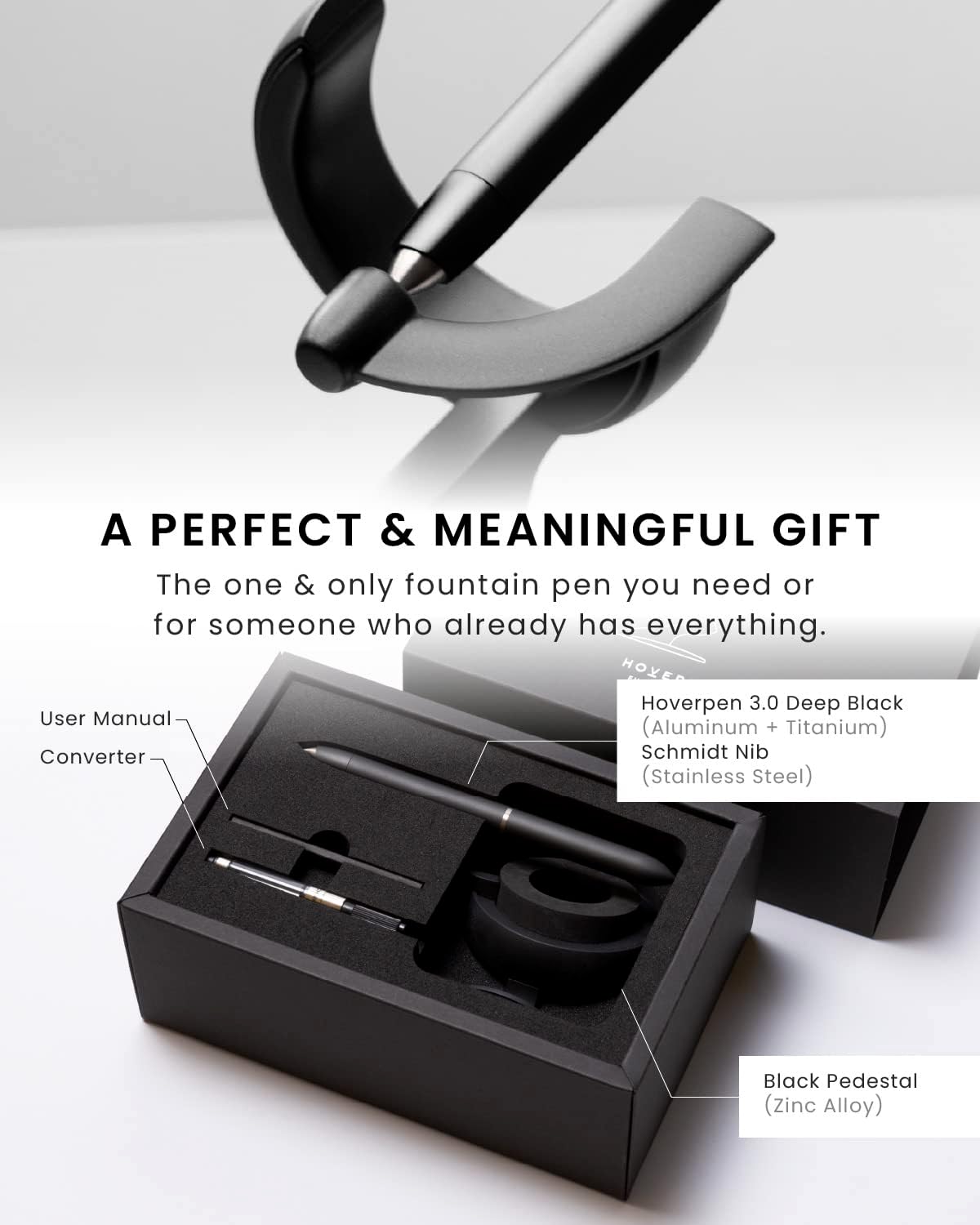 novium Hoverpen Future Edition - Luxury Metal Fountain Pen, Fine Nib, Futuristic Aesthetic, Free Spinning Executive Pen, Gift for Dad (Deep Black)