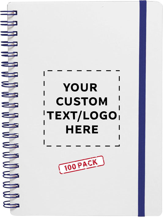 100 White Spiral Notebooks with Elastic Band Pack - Customizable Text, Logo - 80 lined pages, Recycled - Blue