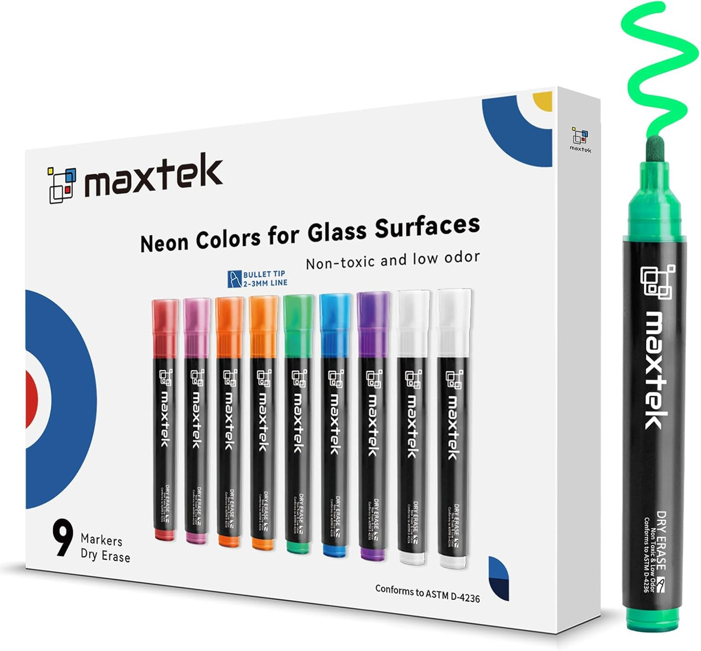 maxtek Neon Dry Erase Markers for Glass,Window Markers for Dry Erase Board,Chalkboard,LED Note Board,Acrylic Refrigerator Calendar,Bullet Tip,Low Odor,Assorted Colors,9 Count