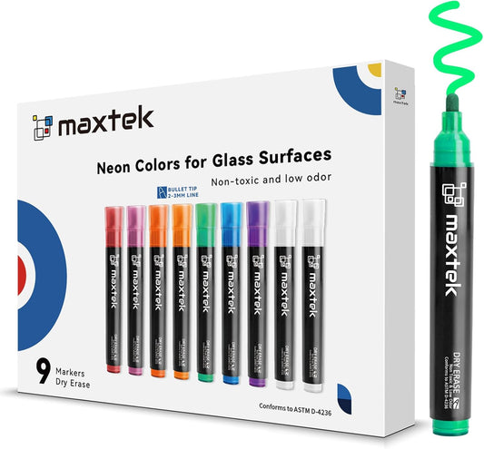 maxtek Neon Dry Erase Markers for Glass,Window Markers for Dry Erase Board,Chalkboard,LED Note Board,Acrylic Refrigerator Calendar,Bullet Tip,Low Odor,Assorted Colors,9 Count