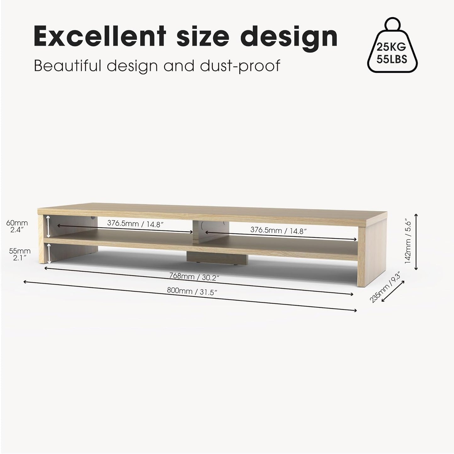 Fenge Monitor Stand, 31.5 Inch Computer Monitor Riser for Desk, 2 Tiers Wood Desk Shelf with Storage, Desktop Organizer for PC, Laptop, Screen, Printer