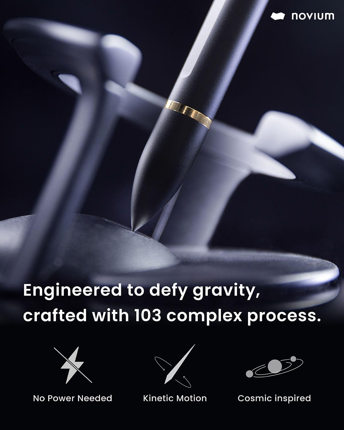 novium Hoverpen Interstellar - Space Black, Ballpoint Pen, 18K Gold-plated Pen Ring, 23.5 Degree Angle, Schmidt Ballpoint Refill, No Spills, No Spotting, No Explosions