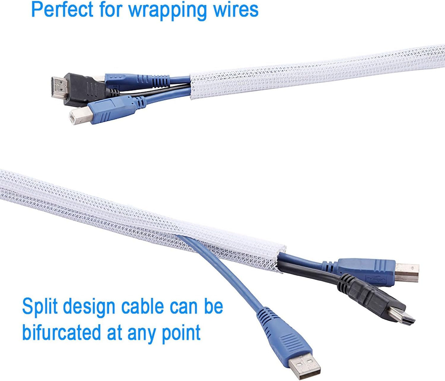 1/2" x 10ft Black/White Cable Sleeve - Protects Cords from Pets & Organizes Wires - Modern Style - Polyester Material - Flame Retardant - Easy to Use & Cut(White, 1/2"-10ft)