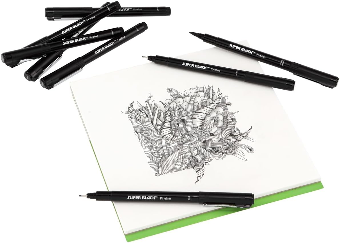 Creative Mark Ultimate Fine Line Drawing Pens Super Black, Permanent, Waterproof, & Acid-Free Assorted Tips and Large Brush Pen - [Fineliners and Sketch Set of 8]