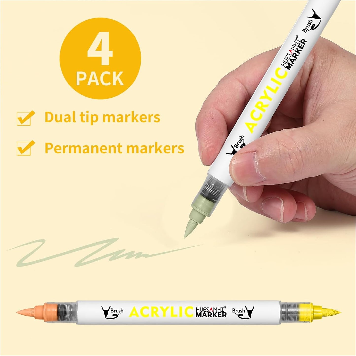 Dual Tip Brush Markers, 4 Pack Double Ended Acrylic Paint Pens - Permanent Water-Based for Rock Painting, Wood, Metal, Ceramic, Glass, Crafts & Kids Art Assorted Colors
