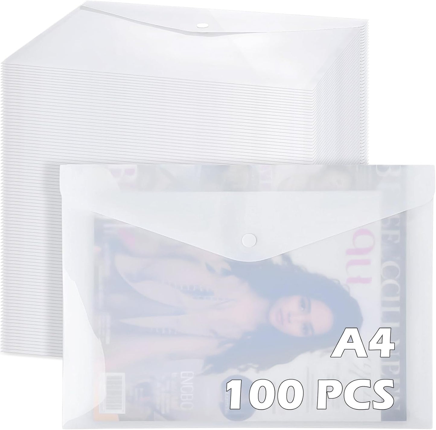 100 Pcs Clear Envelopes with Snap Button Closure Bulk A4 Letter Size Clear Plastic Envelope Folder Document Organizer File Folders for Office Home (Milky)