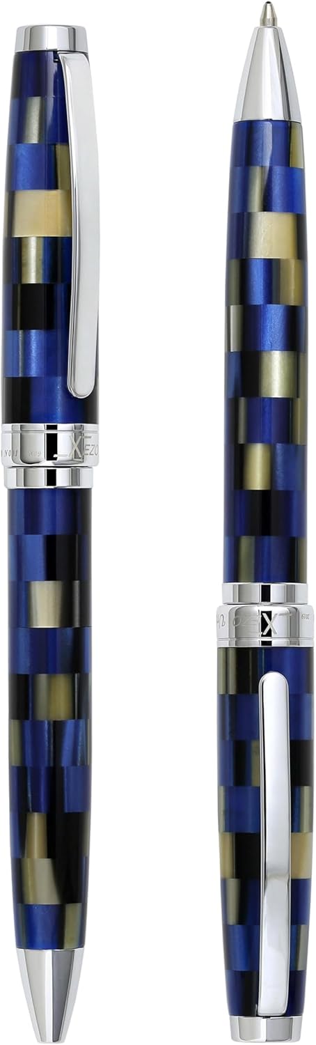 Xezo Urbanite Ballpoint Pen, Medium Point. Retro Blue, Black, and Cream Checkered Acrylic on Brass and Aluminium. Chrome Plated. Limited Edition and Serialized. No Two Alike
