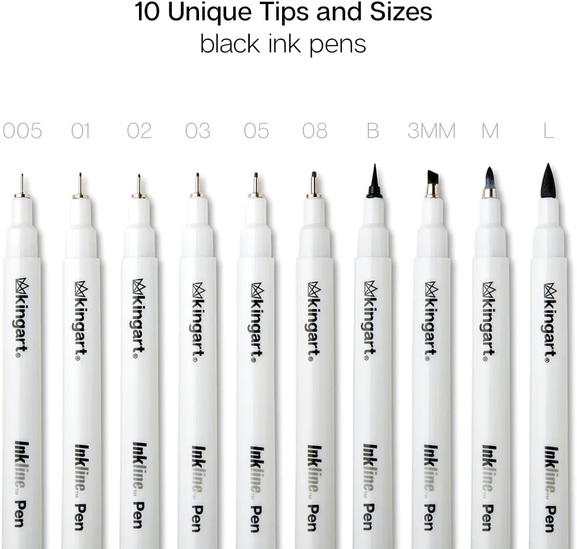 KINGART 430-10 PRO Inkline Black Micro Line & Precision Graphic Pens, 10 Assorted Nibs, BLACK Archival Waterproof Japanese Ink for Art, Illustration, Calligraphy, Sketching, Anime, Technical Drawing, Manga
