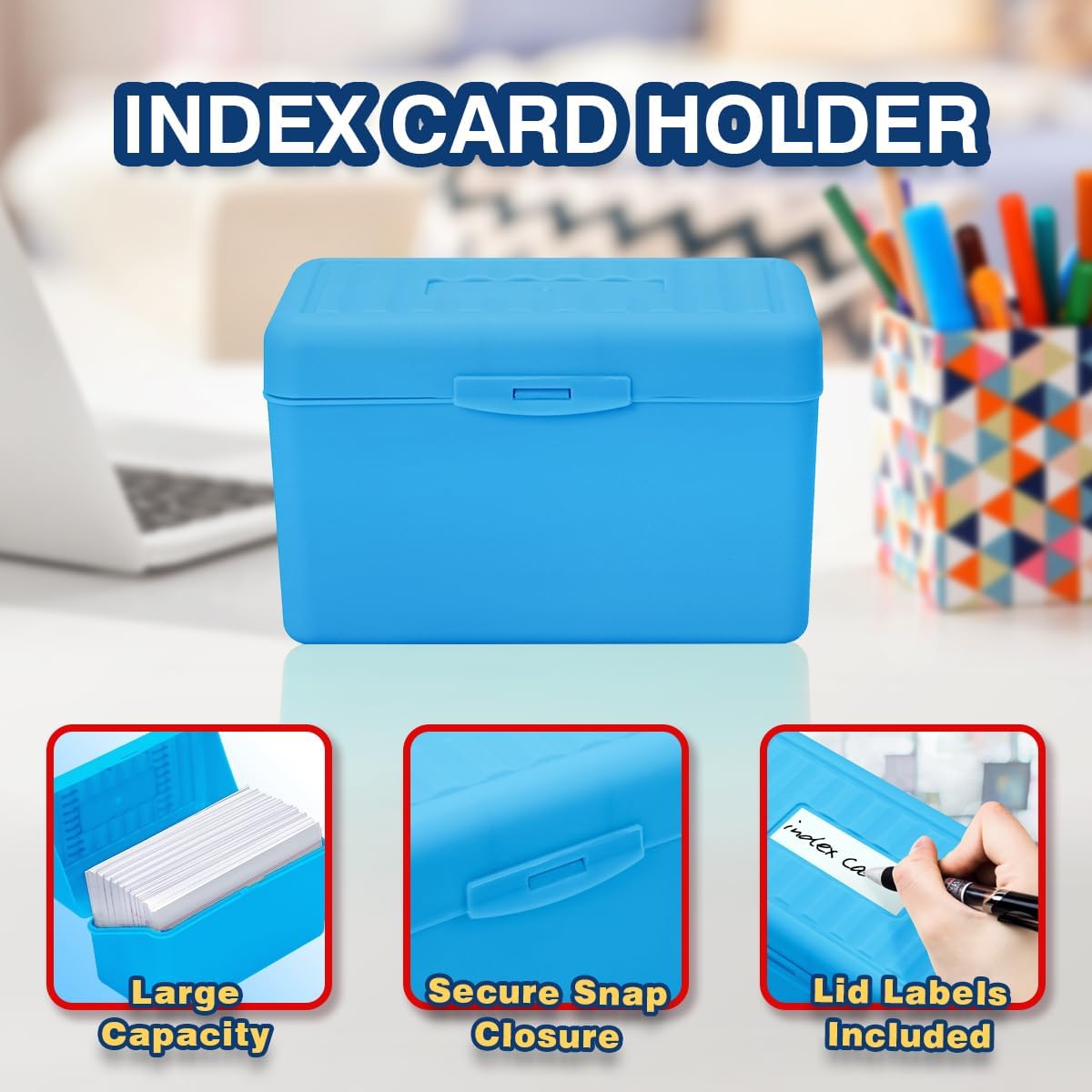 H4D 3x5 Index Card Holder with 100 Heavyweight Ruled Index Cards and 25 Plastic Dividers, Blue