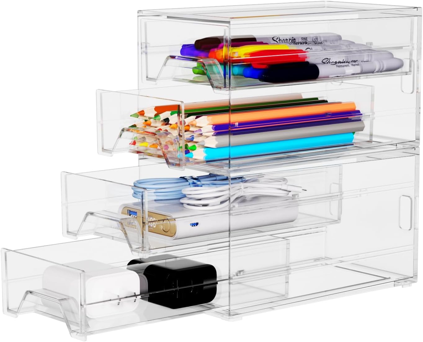 Desk Organizer Drawer Office Storage: 4 Plastic Drawers Organizers for Small Accessories, Clear Box for Stationery Supplies Organization, Storage Acrylic Bins Holder for Classroom Table