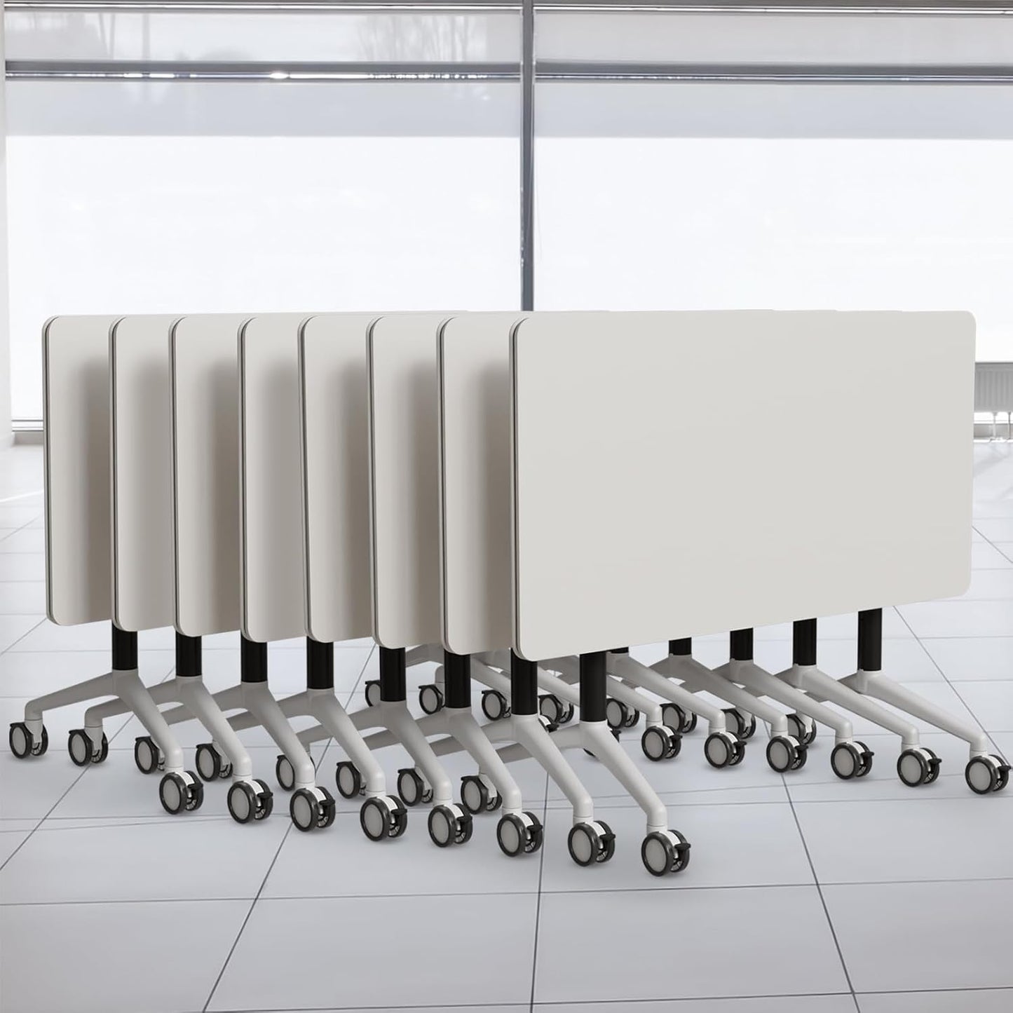 Folding Conference Table, Modern Conference Room Tables with Flip-Top Design, Foldable Conference Table Meeting Table with Wheels, Mobile Seminar Training Tables for Office Classroom (8, White 2)