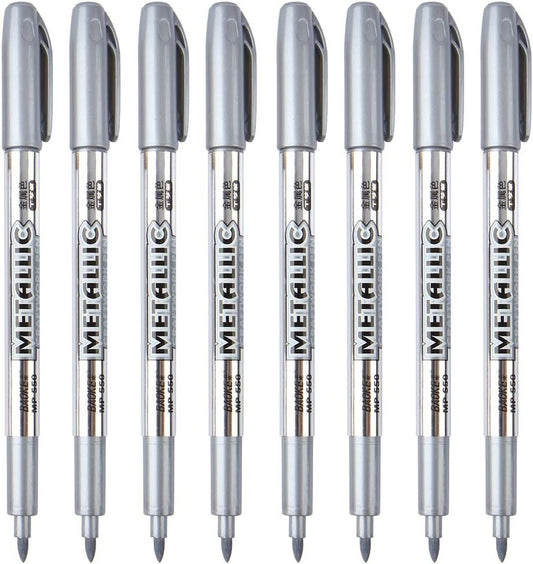 MYARTOOL Metallic Marker Pens, Silver Metallic Permanent Markers for Artist Illustration, Crafts, Gift Card Making, Scrapbooking, Fabric, DIY Photo Album, Value Set of 8