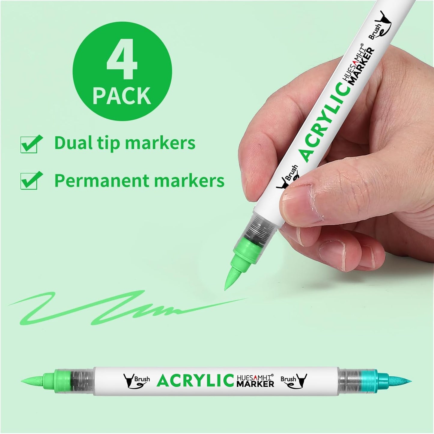 Dual Tip Brush Markers, 4 Pack Double Ended Acrylic Paint Pens - Permanent Water-Based for Rock Painting, Wood, Metal, Ceramic, Glass, Crafts & Kids Art Assorted Colors