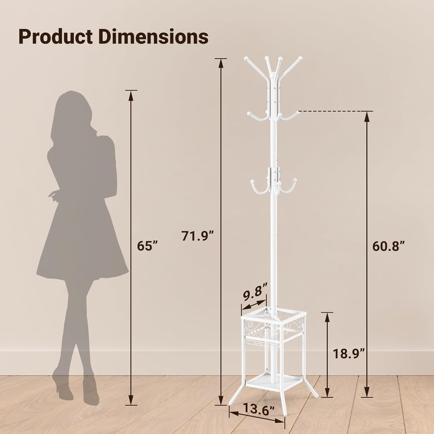 ELYKEN Coat Rack Freestanding with Umbrella Holder, Coat Tree with 12 Hooks, Coat Hanger Stand for Entryway, Metal Coat Rack Hat Rack Stand for Living Room Bedroom Office, White
