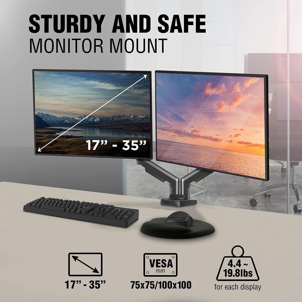 ELG Full Motion Swivel Dual Monitor Desk Mount Stand Gas Spring for Two Screens 17” to 35'' (4.4lbs to 19.8lbs Load for Each Display), Computer Monitor Stand F160N, Black