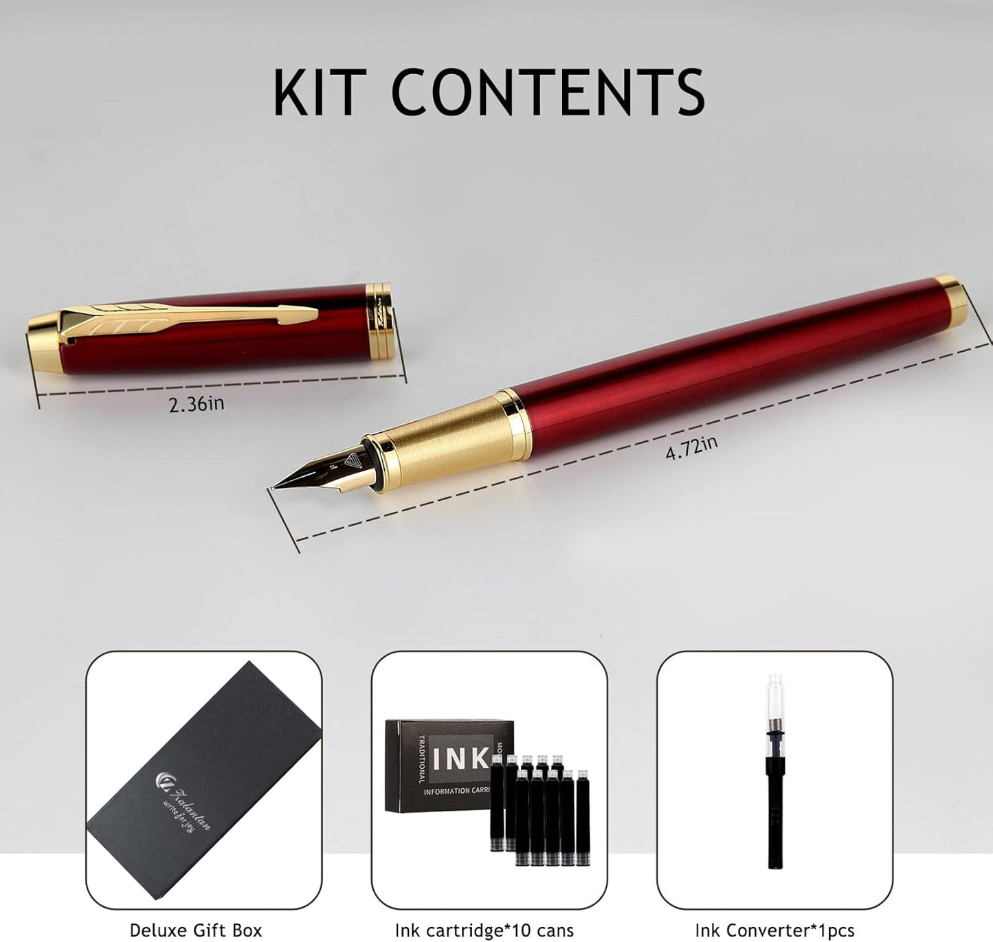 Fountain Pen, luxury pens,Fine point smooth writing pens for journaling fancy pens with Gift Case 10 black ink cartridges an ink converte nice pens metal pen writer gifts（Red）