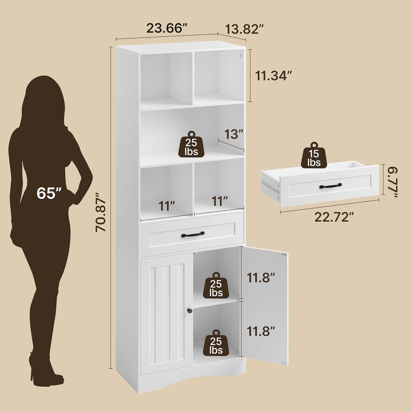Gizoon Storage Cabinet, 71'' H Kitchen Storage Cabinet with Doors & Drawers, Kitchen Pantry with Adjustable Shelves, Anti-tip, Metal Handle, for Living Room, Office, Bathroom, White