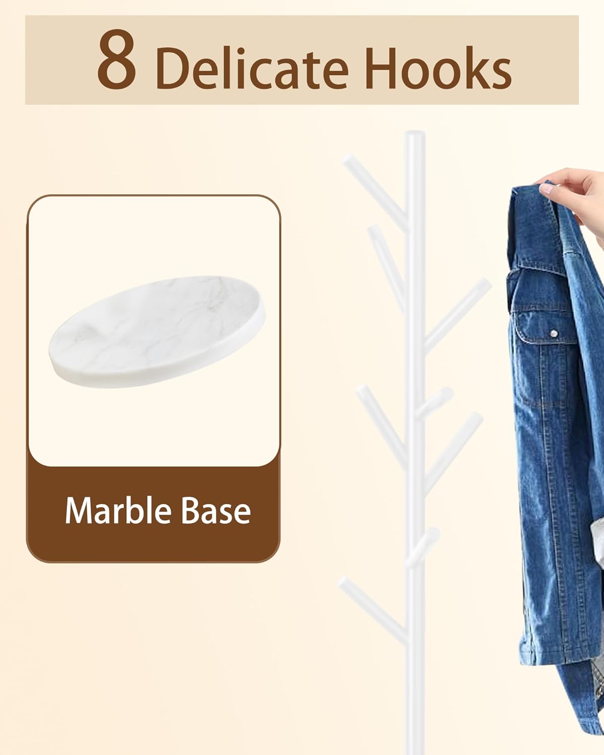 EZIVIEZ Modern Coat Rack Stand, Metal Freestanding Coat Rack with Natural Marble Base, White Coat Racks with 8 Hooks and Coat Hanger Tree Jacket Stand for Office, Entryway, Hallway