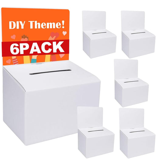 GRAWUN 6 Pack Cardboard Ballot Box with Slot, White Glossy Raffle Boxes 6.5x4.5x4.5Inch, Suggestion Boxes with Removable Slot,Donation Boxes for Fundraising, Collecting Card and Voting Contest