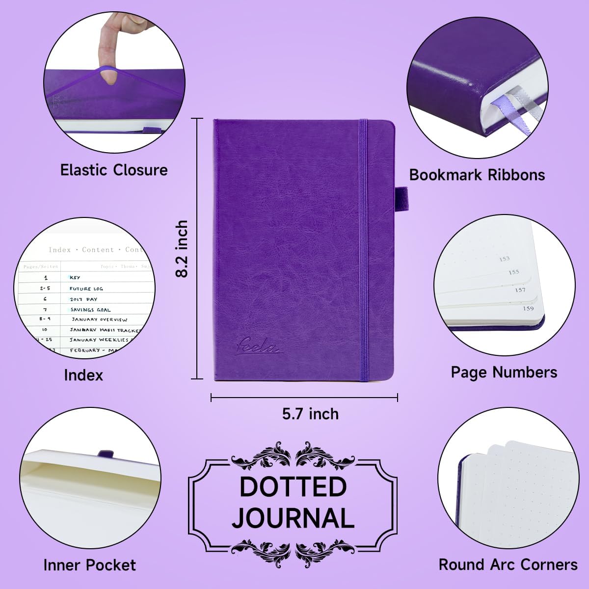 feela Dotted Journal Kit, Dot Grid Journal Hardcover Planner Notebook Set For Beginners Women Girls Note Taking with Journaling Supplies Stencils Stickers Pens Accessories, A5, 224 Pages, Purple