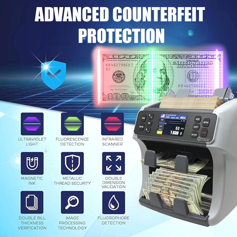 DETECK DT800 Bank Grade Mixed Denomination Money Counter with Reject Pocket, Multi Currency, Bill Counter 2CIS/UV/IR/MG/MT Counterfeit Detection, Cash Counter Serial Number, Printer Enabled