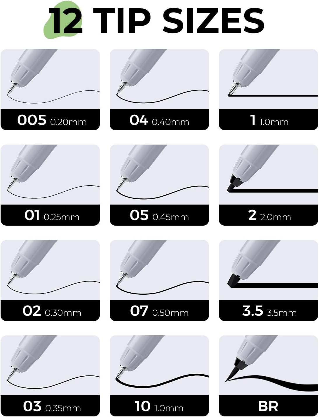 JusArt Fineliner Pens, Ultra Fine, Fine, Brush & Chisel, 12 Size, Waterproof Black Pigment Pen for Artists, Crafters, Illustration, Sketching, Writing, Journaling, Bible Note, Technical Drawing pens