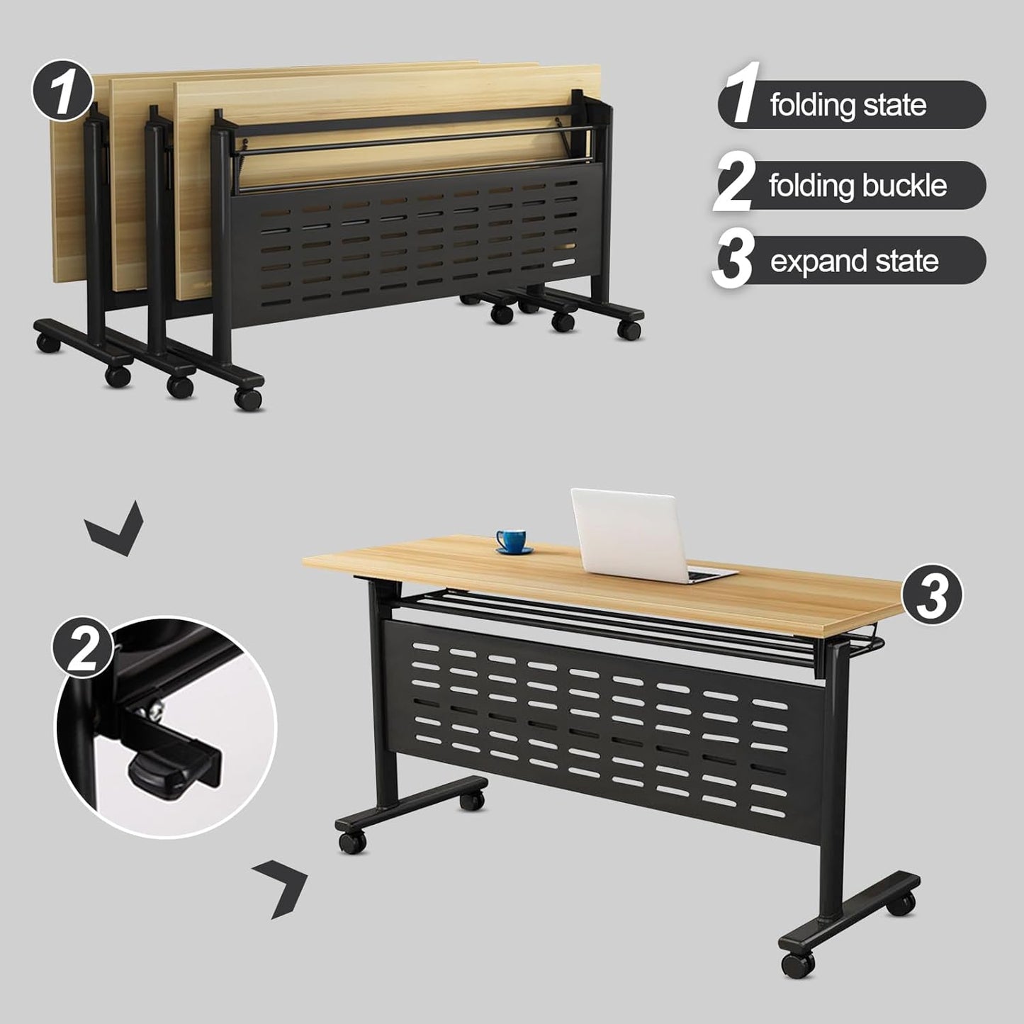 Foldable Conference Table, Folding Conference Room Table with Wheels, Flip Top Mobile Training Table, Rolling Seminar Meeting Table for Office Training Room Classroom (2pack 55.1in)
