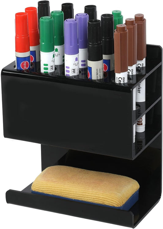 MyGift Wall Mounted Black Premium Acrylic Dry Erase Marker and Eraser Holder Rack with 15 Round Slots and Storage Ledge, Meeting Room Classroom Dorm Office or Home Whiteboard Accessory Rack