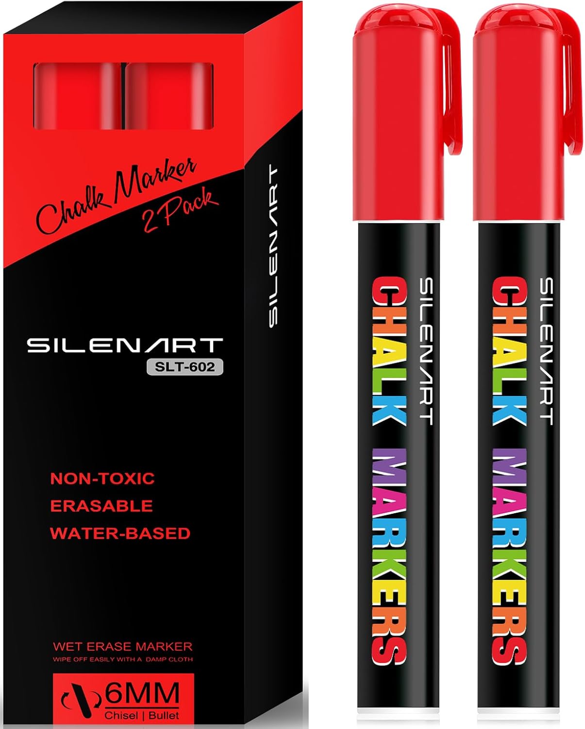 SILENART Red Chalk Markers 2 Pack - Red Dry Erase Markers Pen - Liquid Chalk Markers for Chalkboard, Window, Glass, Mirror, Blackboard