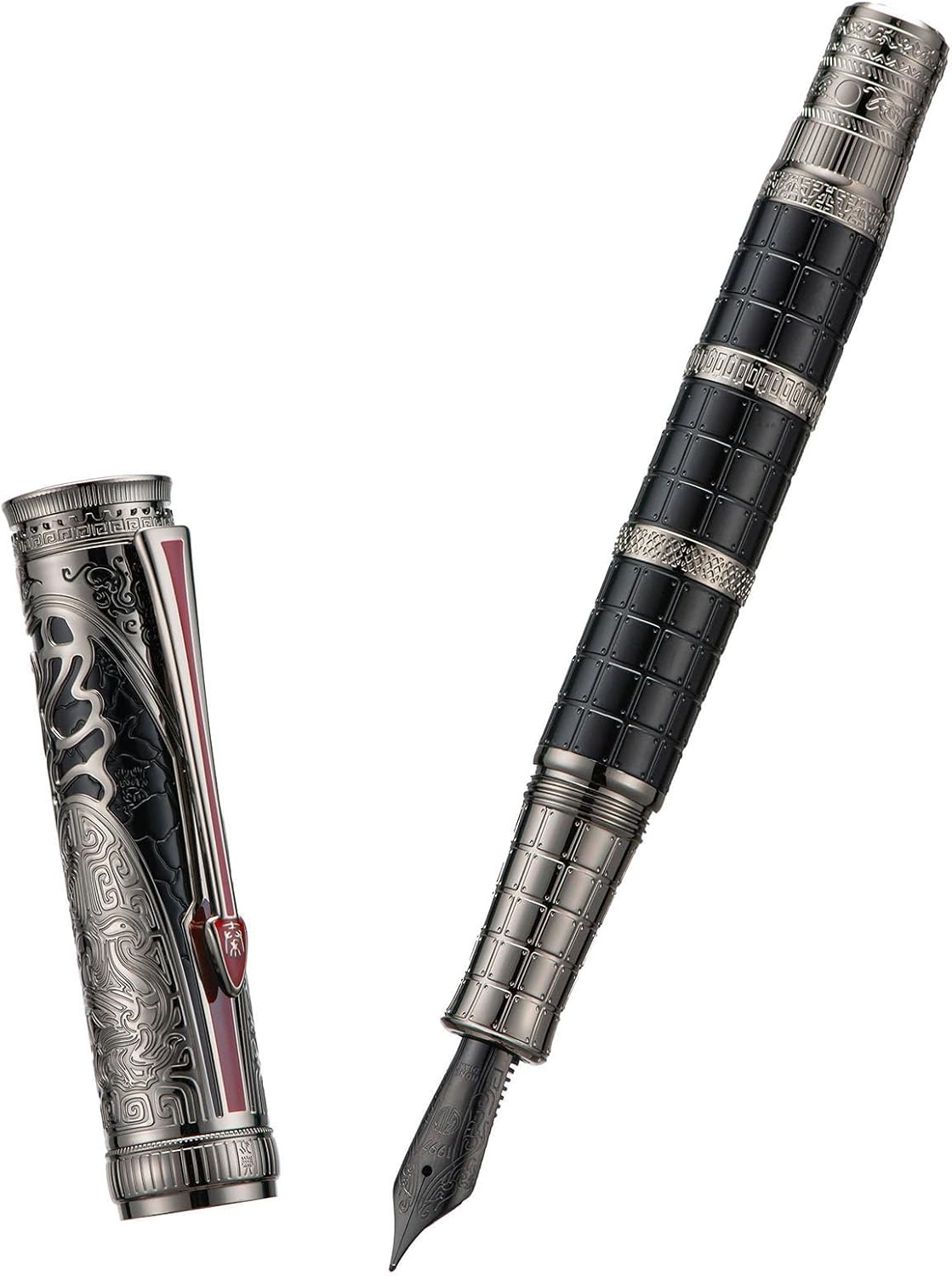 Hongdian D5X Fountain Pen Extra Fine Nib Black Color, Qin Dynasty Retro Chinese Totem Engraving Smooth Writing Pen with Converter and Pen Box Set