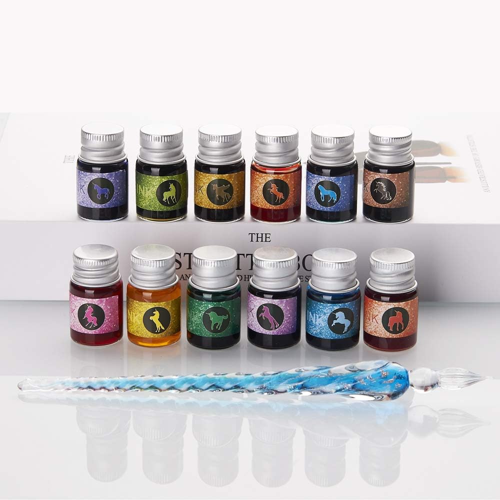 Glass Dipped Pen Ink Set Handmade Crystal Calligraphy Pen with 12 Colorful india ink for Art, Signatures, Drawing, Decoration, Calligraphy Kits for Beginners Ma-13
