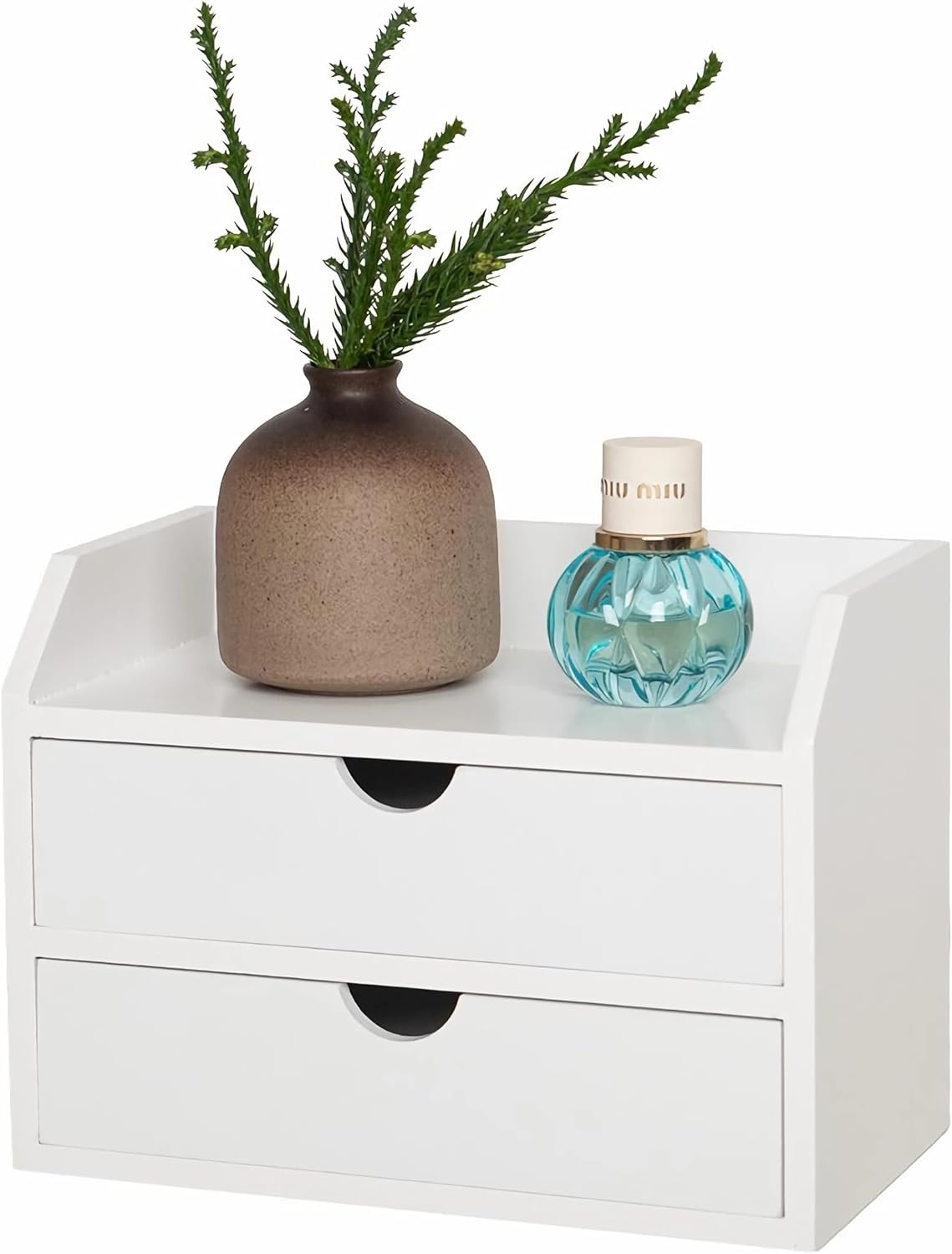 ROSE BLOOM White Wood Desk Organizer with 2 Drawer, Mini Cute Cabinet with Storage Shelf for Tabletop, Small Desktop Box Organizer for Cosmetic Office Supplies