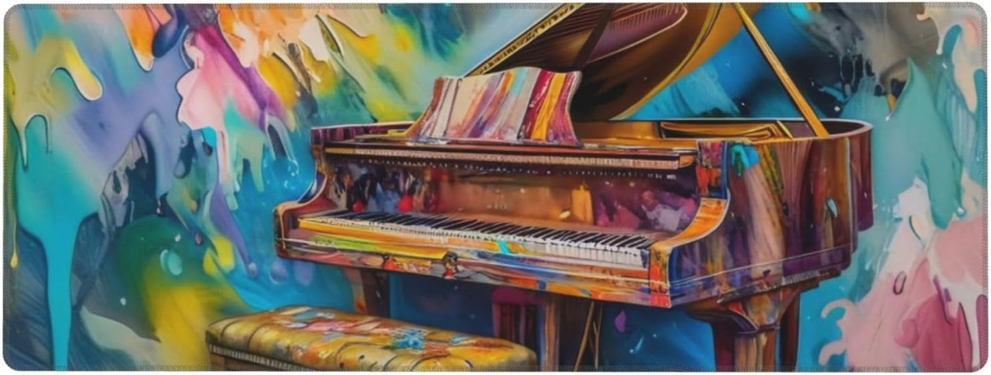 Gaming Mouse Pad, Large Non-Slip Rubber Base Mousepad, Keyboard Mouse Mat, Desk Pad with Stitched Edges, 31.5x11.8inch, Oil Painting of Piano