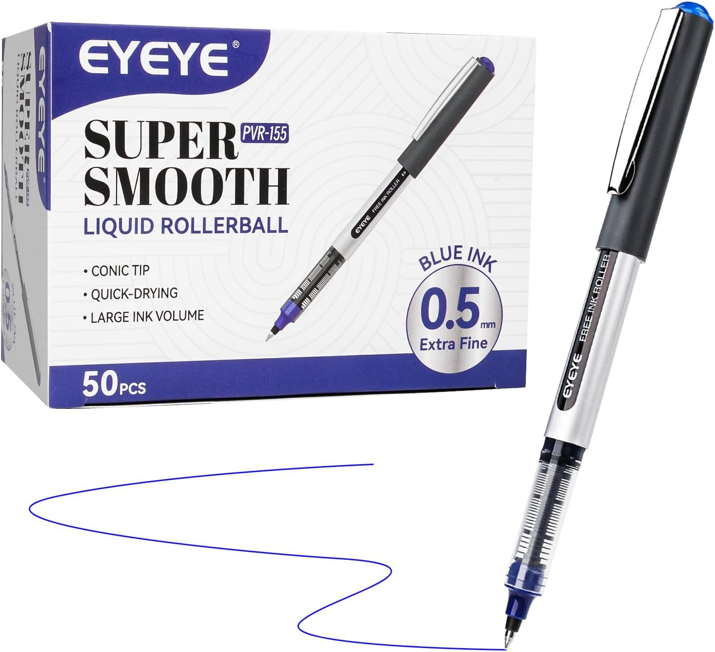 EYEYE 0.5mm Rollerball Pens Blue, 50 Pack Extra Fine Point Liquid Ink Roller Ball Pen Quick Dry, Blue Ink Pens Fine Point Smooth Writing Pen for Journaling, Note Taking, Office, School Supplies