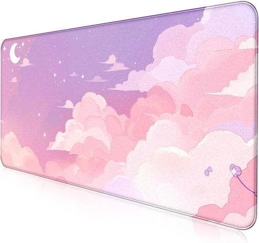 Cute Anime Cloud Desk Mat, Beautiful Pink Stitching Edge Non Slip Rubber Mouse Pad, Suitable for Female and Girl Office Decoration 35.4 x 15.7 x 0.12 Inches