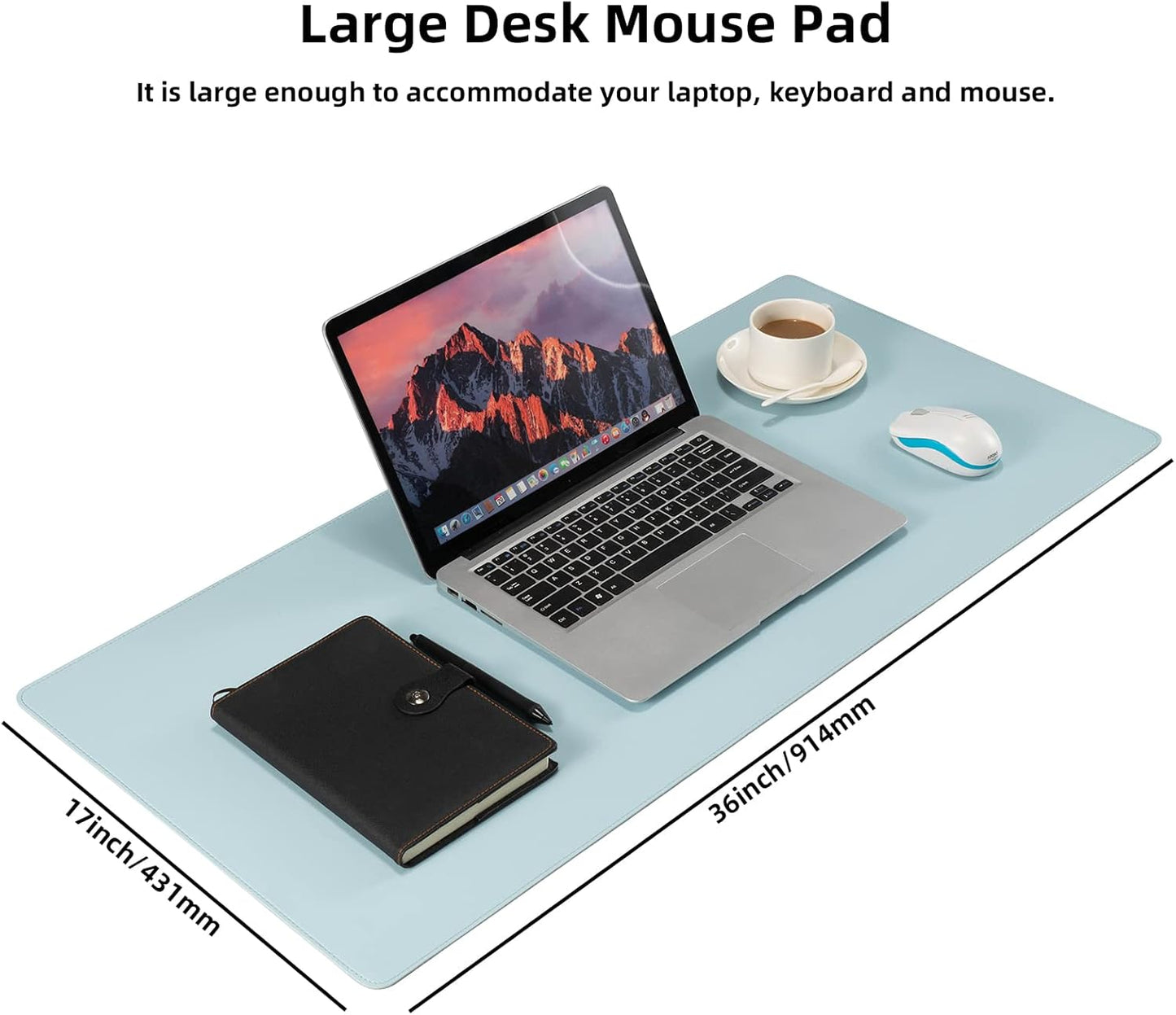 Faux Leather Desk Pad Blotter,Waterproof Non-Slip Writing Desk Mat for Kids,36x17 in Desktop Protector Large Mouse Pad,Light Blue Office Home Table Cover