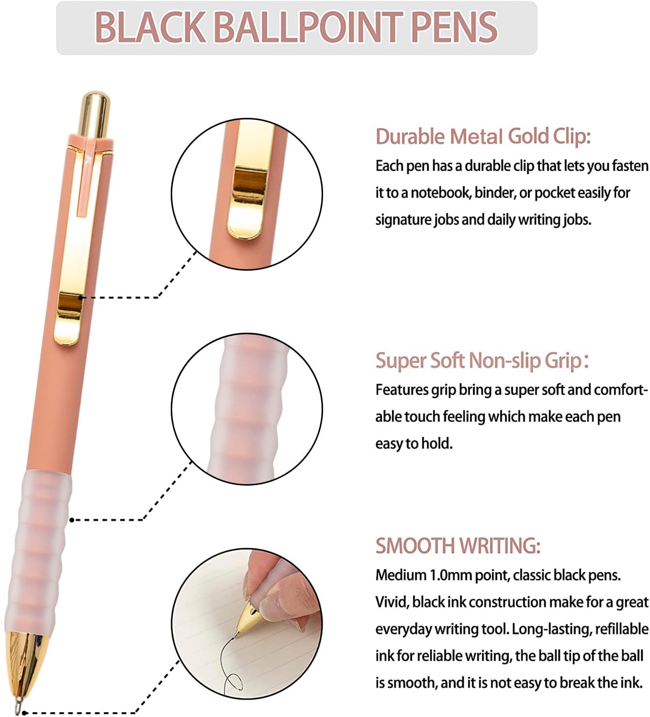 Linbsunne Ballpoint Pens Black Medium Point 1mm Pen with Super Soft Grip Ball Point Pen for Men Women Retractable Pens (gold-12 pcs)