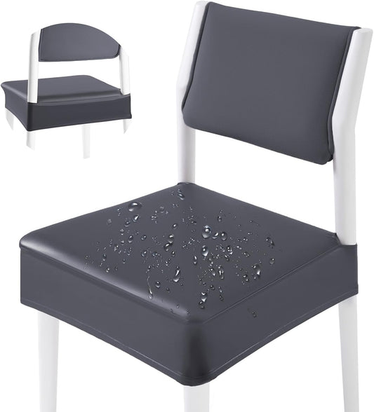 CWK Waterproof PU Leather Dining Chair Covers Set of 4-Stretchable Chair Seat Slipcovers, Removable & Washable Protector for Dining Room,Home,Office,Wedding,Rear Covers (PU-Grey)