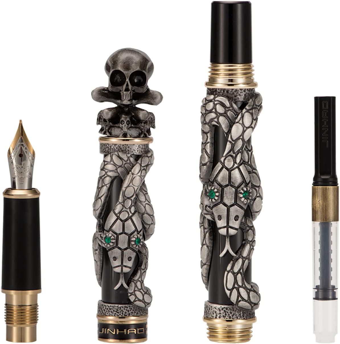 Jinhao Black Snake Fountain Pen Medium Nib Retro Style with Skull Head Solid Metal and Paper Pen Case Set