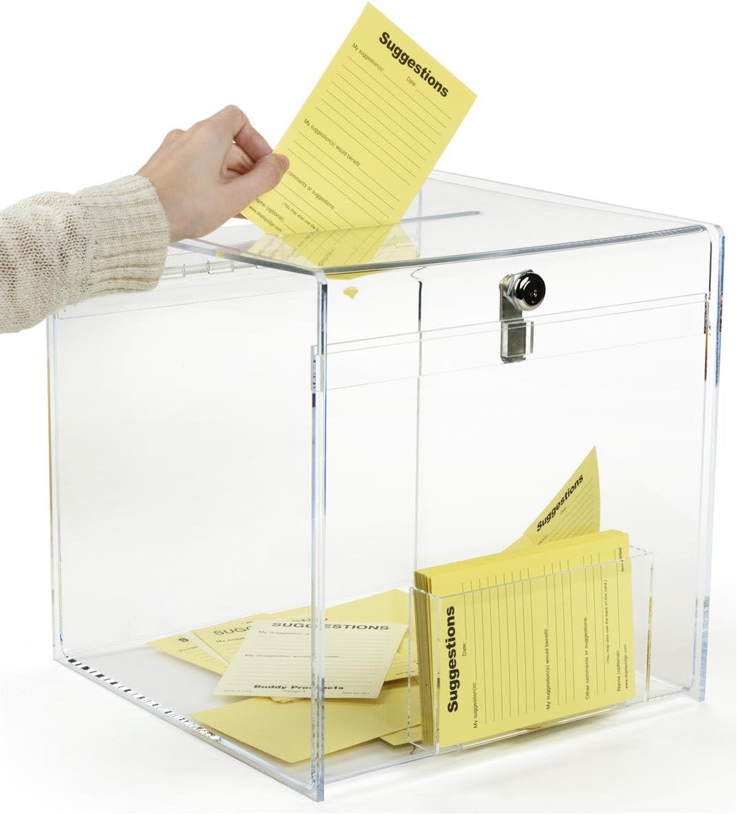 12 inch Cube Ballot Box, Suggestion Box with Key Lock and Side Pocket, Security Pen Included - Clear Acrylic