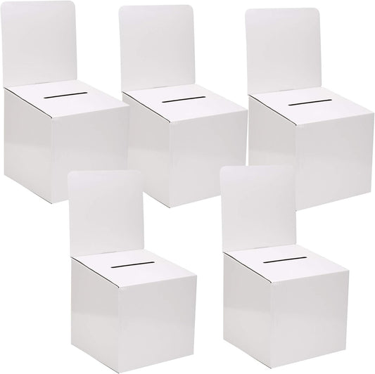 Donation Collection Ballot Box Reusable thick Raffle Ticket Charity Cardboard with wide Slot comment Suggestion Box With Removable Header 10.5H x 10.5W x 10D, Display area 11Hx 10.5W(5 Pack) White