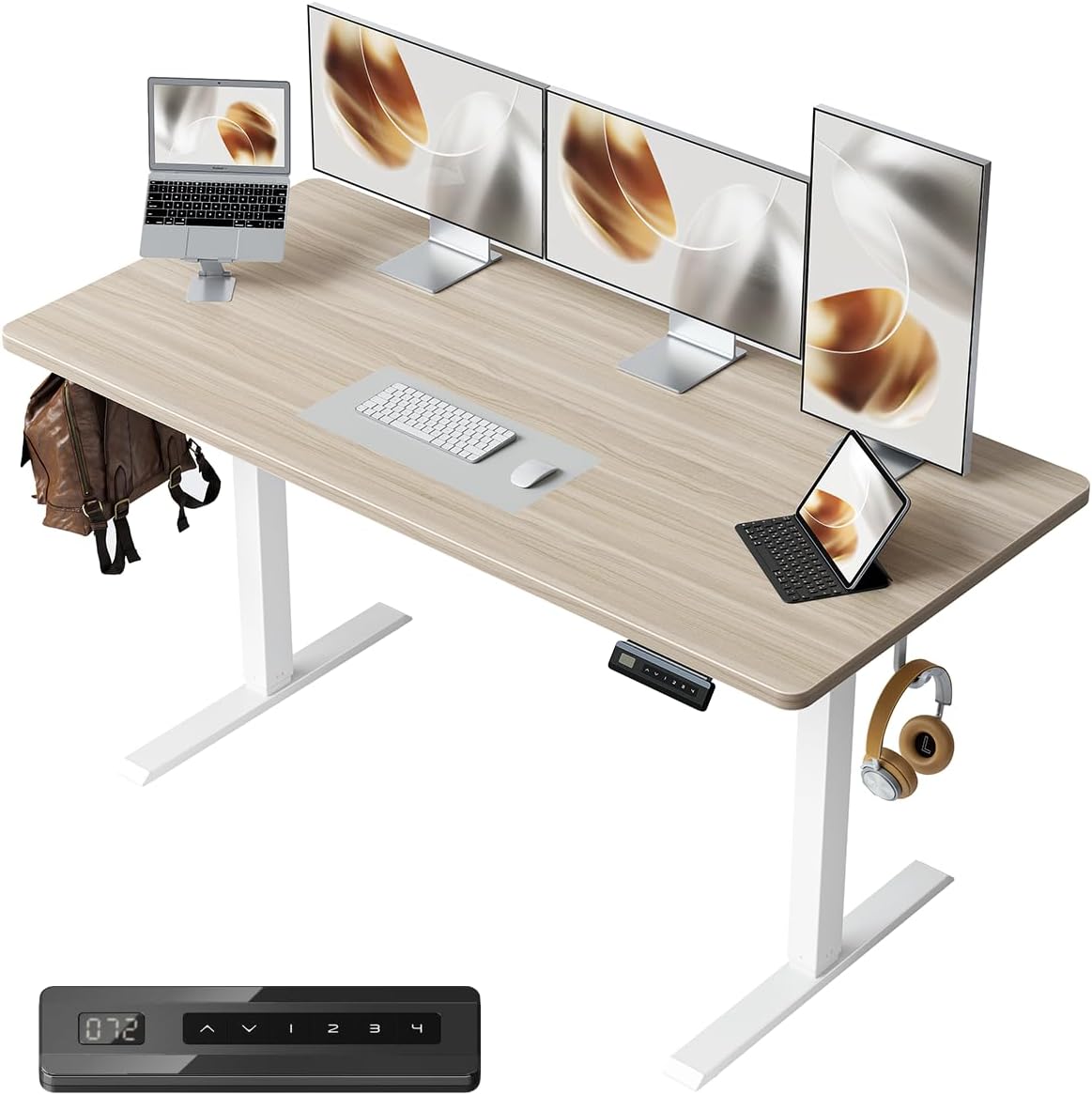 FEZIBO One-Piece Standing Desk Adjustable Height Stand up Home Office Desk, 55x24 Inch Electric Standing Computer Desk, with 4 Memory Presets, Fixable casters, Light Walnut