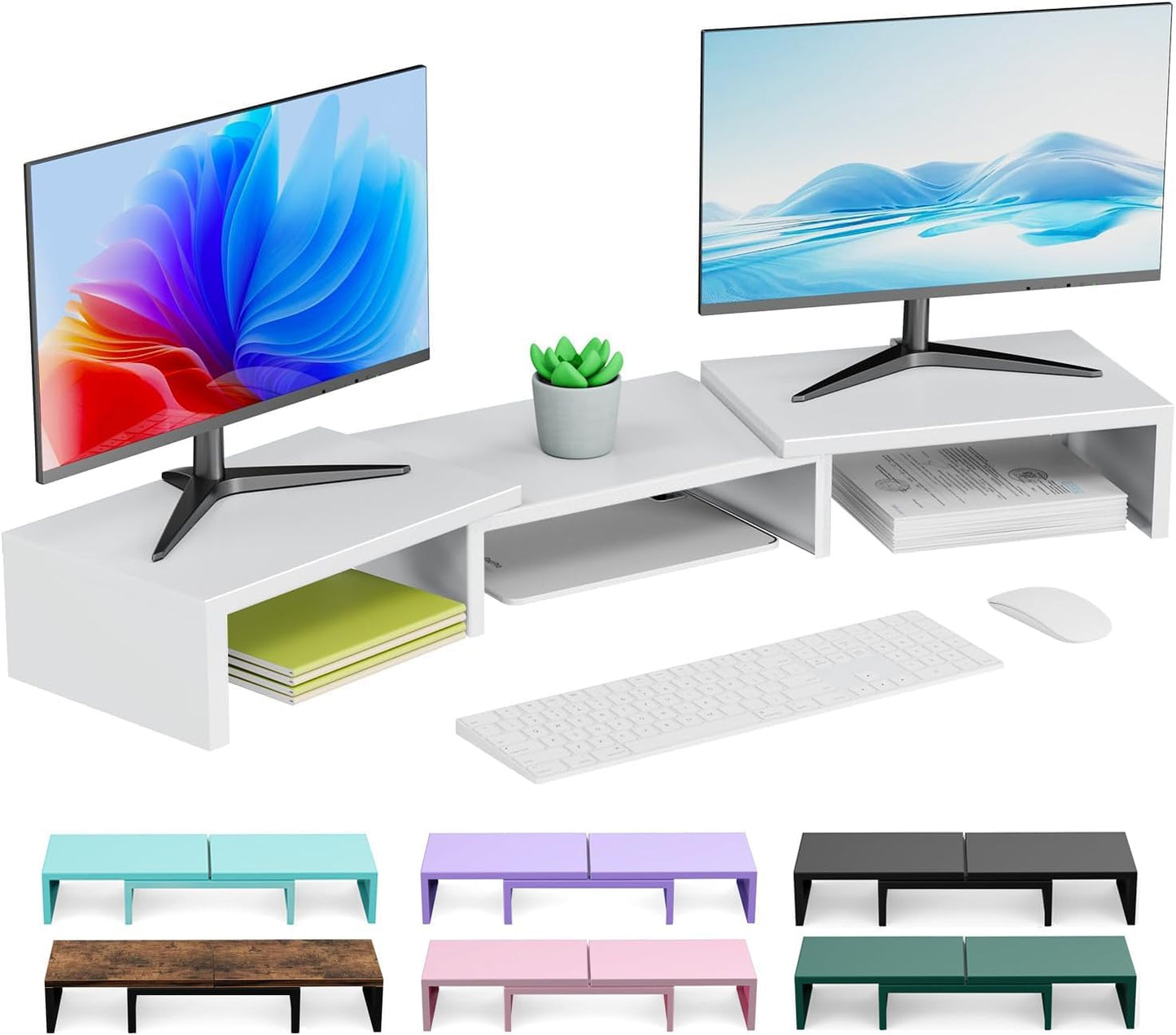 Dual Monitor Stand for Desk, Metal Computer Stand, Desk Shelf Riser,Desktop Organizer for Home and Office Use (White)