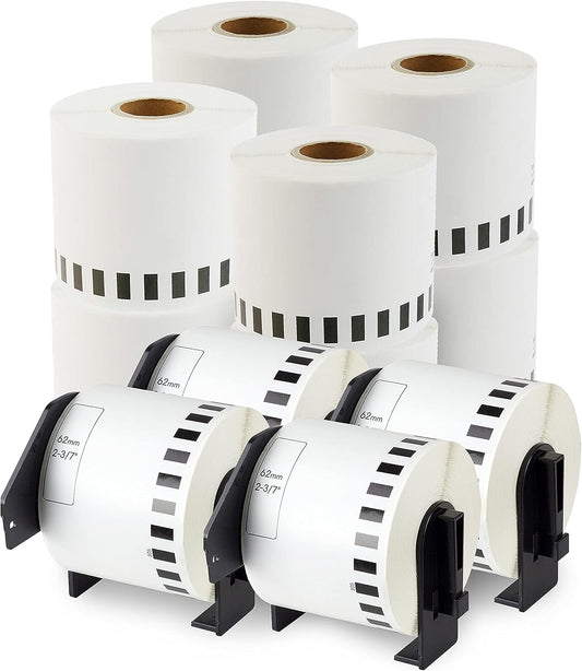 enKo - Compatible DK-2205 Continuous Blank White Paper Labels (2.4 Inch x 100 Feet) Use with Brother QL Label Printers QL-800, QL-820NWB QL 810W - [12 Rolls + 4 Refillable Cartridge Frames]