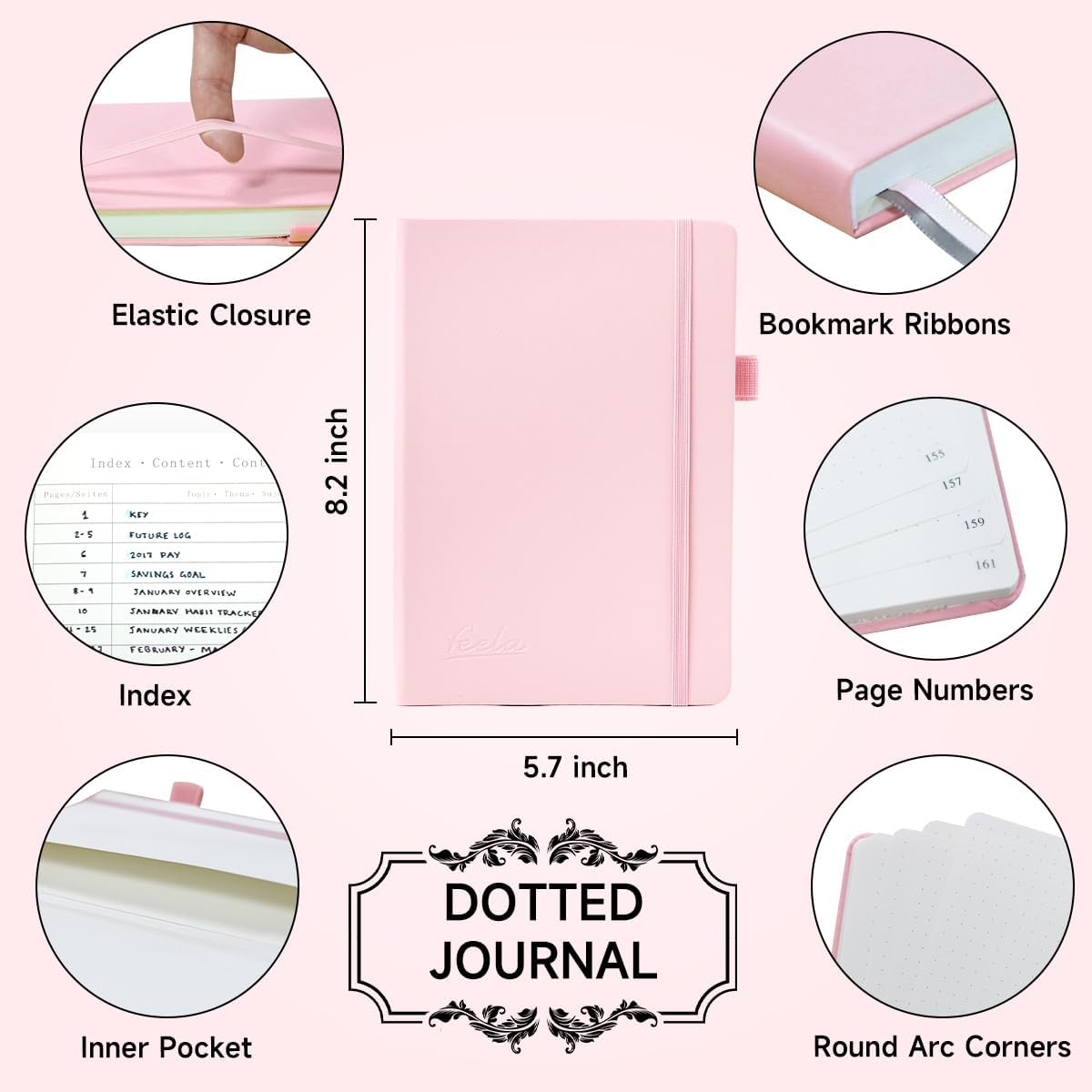 Dotted Journal Kit, Feela Dot Grid Journal Hardcover Planner Notebook Set For Beginners Women Girls Note Taking with Journaling Supplies Stencils Stickers Pens Accessories, A5, 224 Pages, Pink