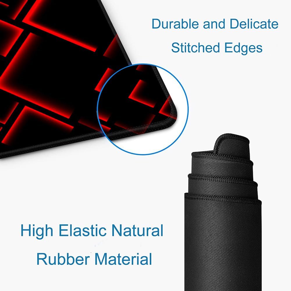 Large Mouse Pad Gaming, Black Extended Mousepad with Stitched Edges, Non-Slip Rubber Base Keyboard Mouse Mat Desk Pad for Work, Game, Office, Home, 31.5 x 11.8 in, Red Ray