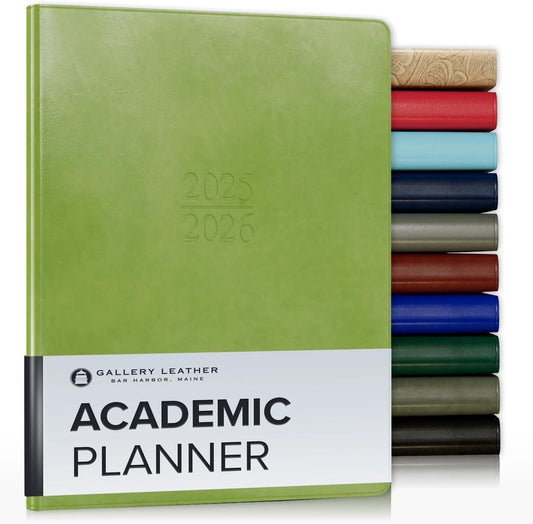 Gallery Leather Academic Planner 2025-2026, Teacher and Student Weekly Monthly Planner, Elegantly Bound Calendar with Gold-Gilded Page Edges, 18 Months - Acadia Lime - 9x7"